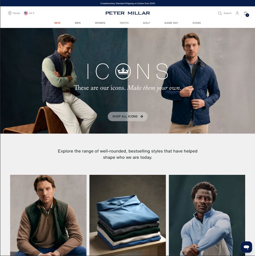 screenshot of peter millar wesbite